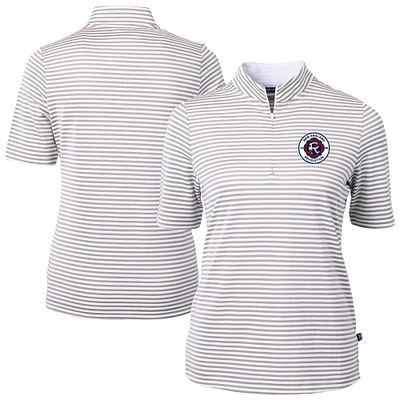 Women's Cutter & Buck  Gray New England Revolution Virtue Eco Pique Stripe Recycled Quarter-Zip Top