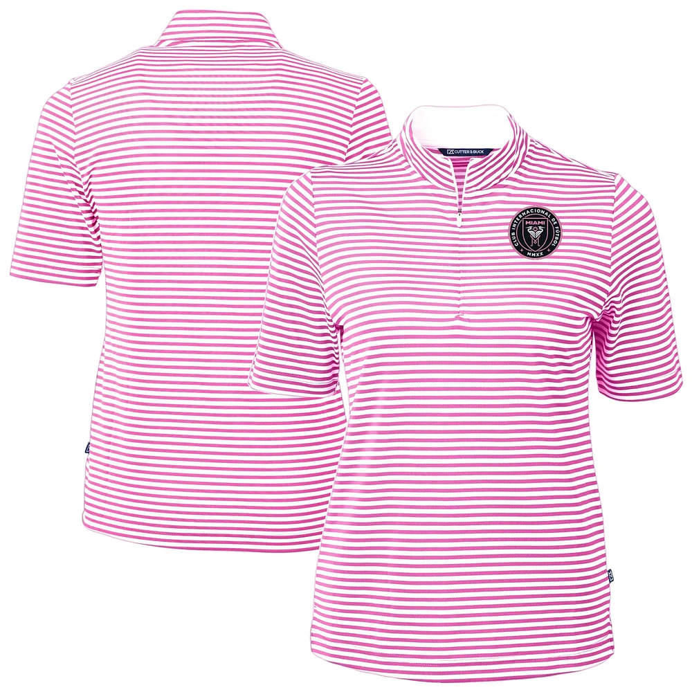 Women's Cutter & Buck Pink Inter Miami CF Virtue Eco Pique Stripe Recycled Quarter-Zip Top