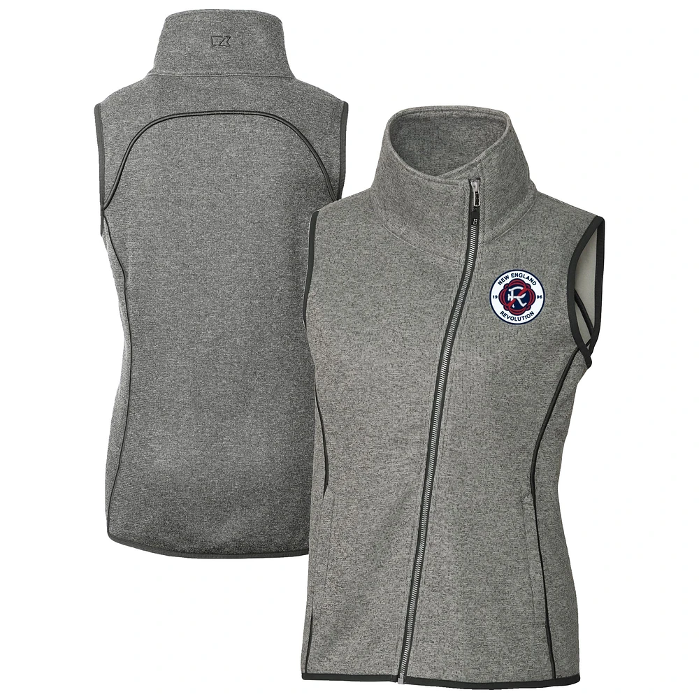 Women's Cutter & Buck Heather Gray New England Revolution Mainsail Sweater-Knit Full-Zip Asymmetrical Vest