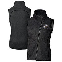 Women's Cutter & Buck  Heather Black Philadelphia Union Mainsail Sweater-Knit Full-Zip Asymmetrical Vest
