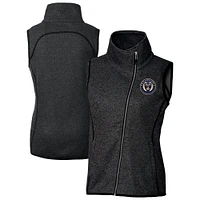 Women's Cutter & Buck  Heather Black Philadelphia Union Mainsail Sweater-Knit Full-Zip Asymmetrical Vest