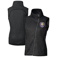 Women's Cutter & Buck  Heather Black Orlando City SC Mainsail Sweater-Knit Full-Zip Asymmetrical Vest