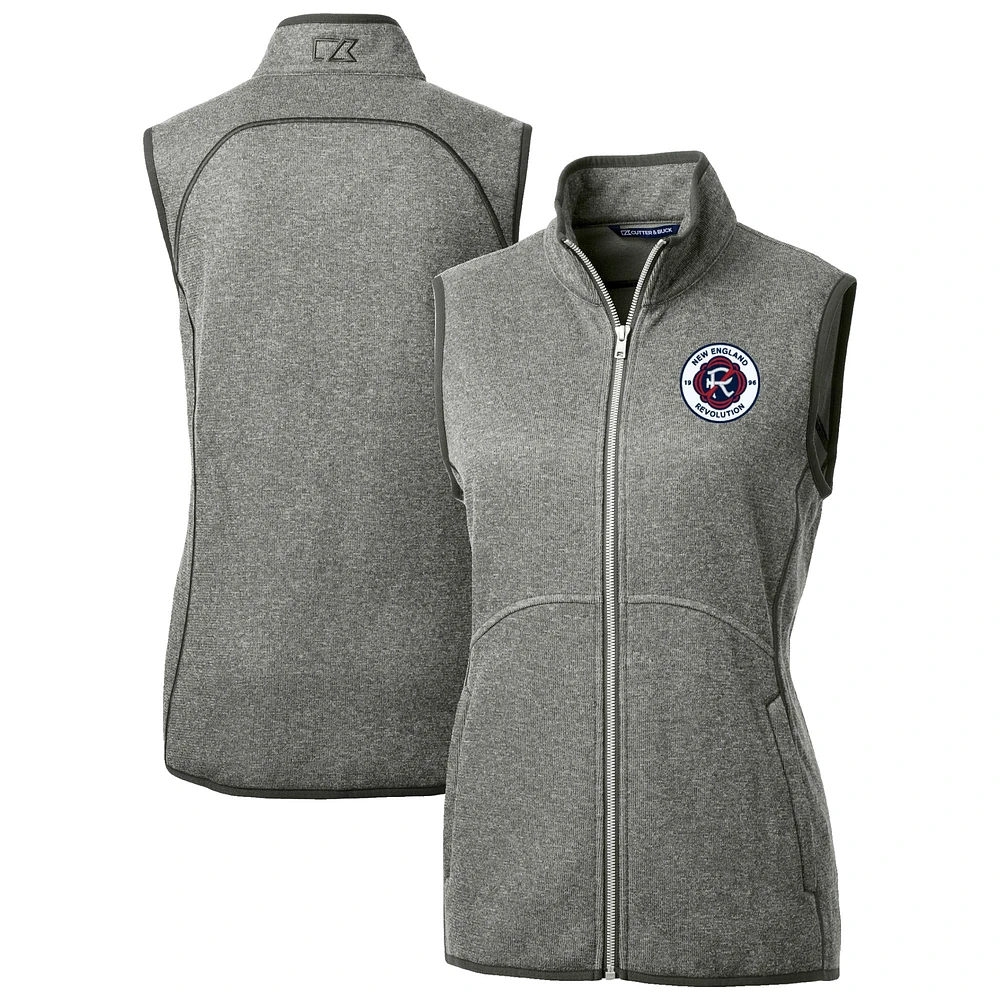 Women's Cutter & Buck Heather Gray New England Revolution Mainsail Sweater-Knit Full-Zip Vest