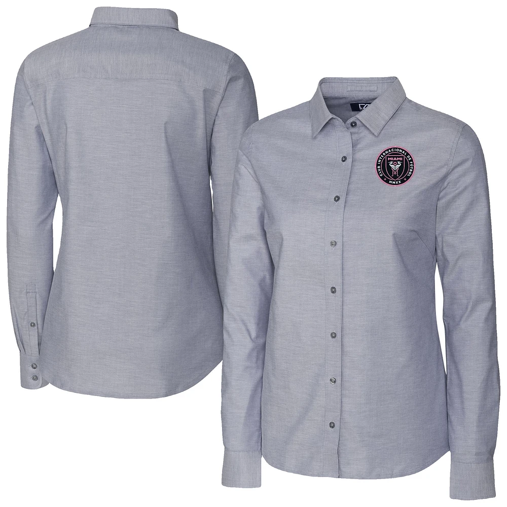 Women's Cutter & Buck Charcoal Inter Miami CF Stretch Oxford Tri-Blend Long Sleeve Dress Shirt