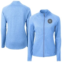 Women's Cutter & Buck  Heather Powder Blue New York City FC Adapt Eco Knit Hybrid Recycled Raglan Full-Zip Jacket
