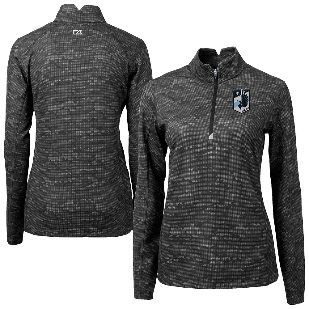 Women's Cutter & Buck Black Minnesota United FC Traverse Stretch Eco Camo Print Quarter-Zip Pullover Top
