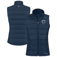 Women's Cutter & Buck Navy Sporting Kansas City  Evoke Hybrid Eco Softshell Recycled Full-Zip Vest