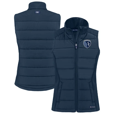 Women's Cutter & Buck Navy Sporting Kansas City  Evoke Hybrid Eco Softshell Recycled Full-Zip Vest