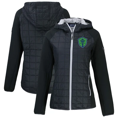 Women's Cutter & Buck  Black Seattle Sounders FC Rainier Primaloft Eco Raglan Full-Zip Hybrid Hooded Jacket