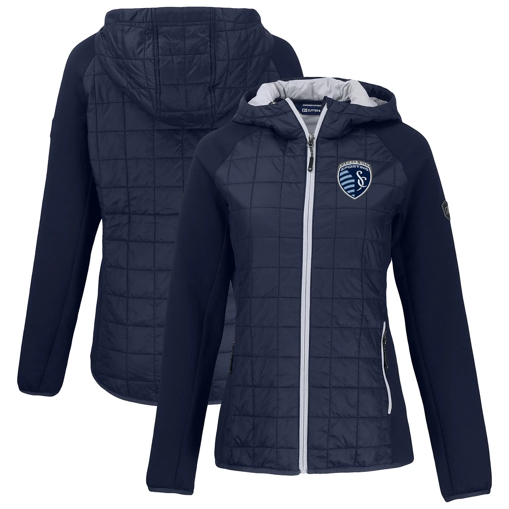 Women's Cutter & Buck Navy Sporting Kansas City Rainier Primaloft Eco Raglan Full-Zip Hybrid Hooded Jacket