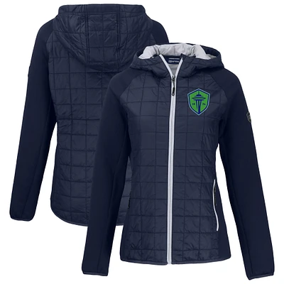 Women's Cutter & Buck  Navy Seattle Sounders FC Rainier Primaloft Eco Raglan Full-Zip Hybrid Hooded Jacket