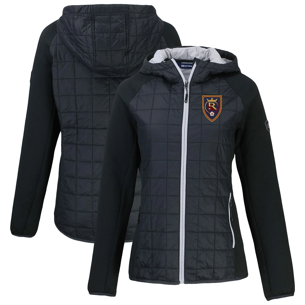 Women's Cutter & Buck Black Real Salt Lake Rainier Primaloft Eco Raglan Full-Zip Hybrid Hooded Jacket