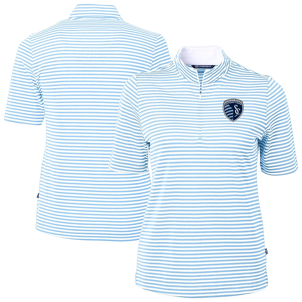 Women's Cutter & Buck Powder Blue Sporting Kansas City Virtue Eco Pique Stripe Recycled Quarter-Zip Top