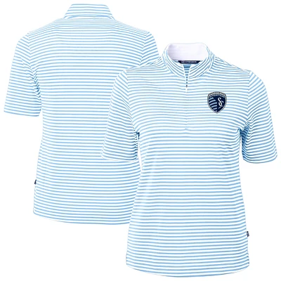 Women's Cutter & Buck  Powder Blue Sporting Kansas City Virtue Eco Pique Stripe Recycled Quarter-Zip Top