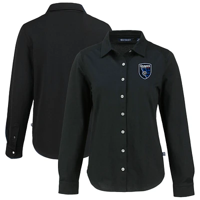 Women's Cutter & Buck San Jose Earthquakes Advantage Tri-Blend Eco Soft Pique Long-Sleeve Knitted Button-Up Top