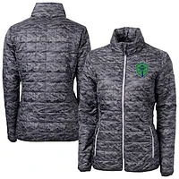 Women's Cutter & Buck  Black Seattle Sounders FC Rainier PrimaLoft Eco Insulated Full-Zip Printed Puffer Jacket
