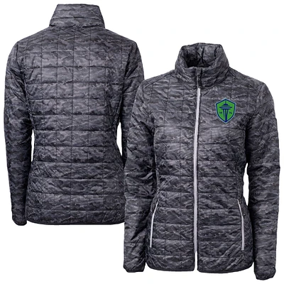 Women's Cutter & Buck  Black Seattle Sounders FC Rainier PrimaLoft Eco Insulated Full-Zip Printed Puffer Jacket