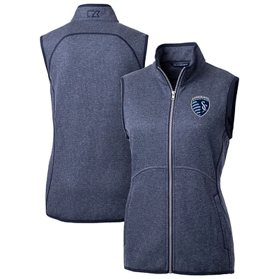 Women's Cutter & Buck  Heather Navy Sporting Kansas City Mainsail Sweater-Knit Full-Zip Vest