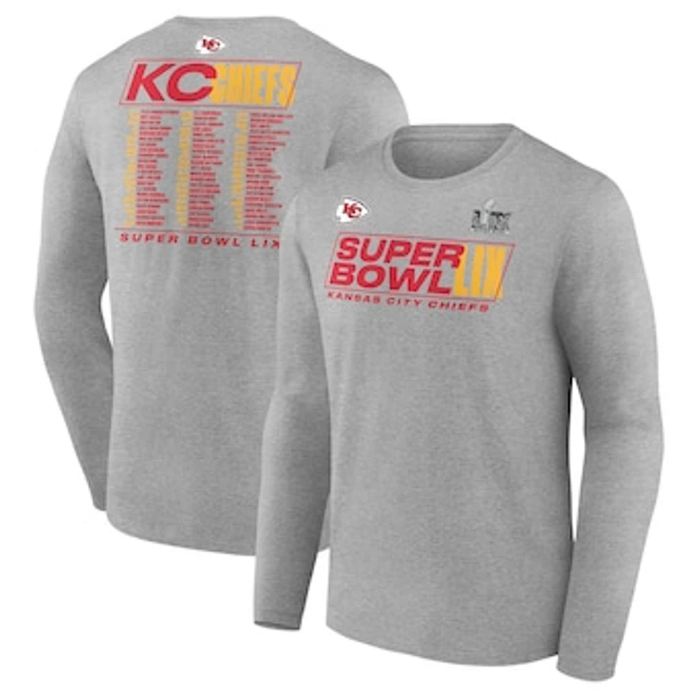 Men's Fanatics  Heather Gray Kansas City Chiefs Super Bowl LIX Roster Long Sleeve T-Shirt