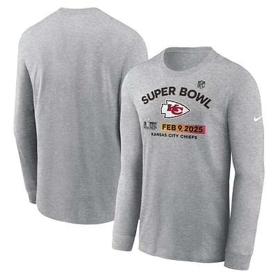 Men's Nike  Heather Gray Kansas City Chiefs Super Bowl LIX Team Logo Long Sleeve T-Shirt