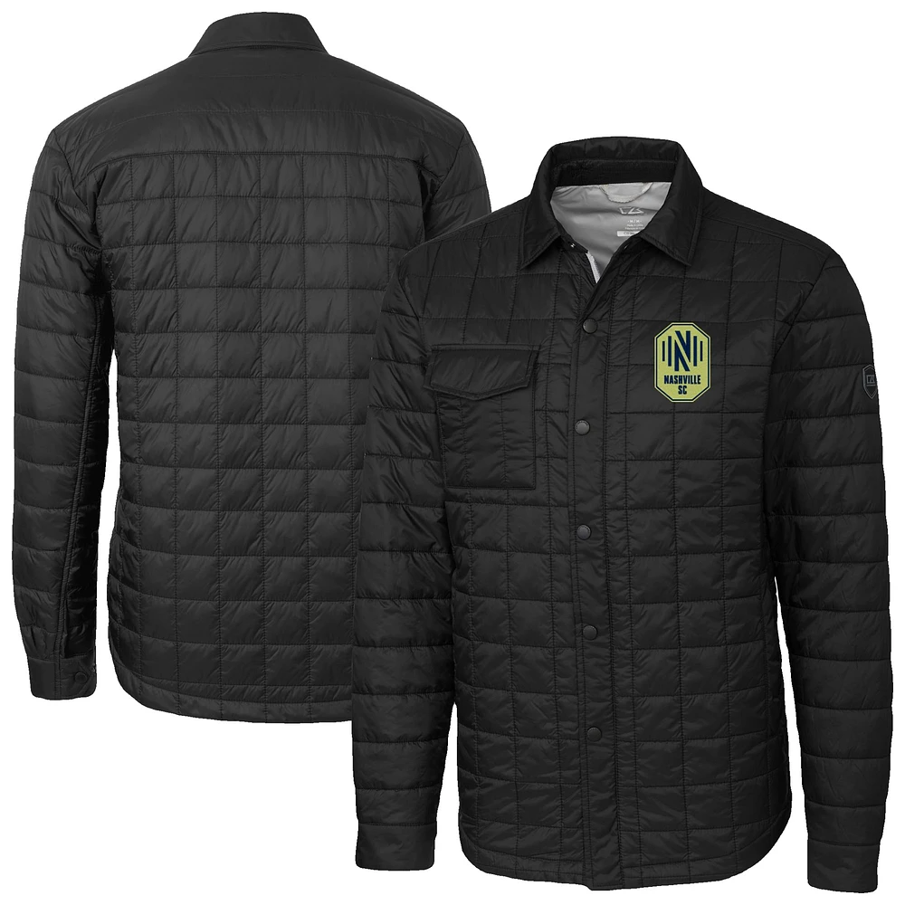 Men's Cutter & Buck Black Nashville SC Big Tall Rainier PrimaLoft Eco Insulated Full-Snap Quilted Shirt Jacket