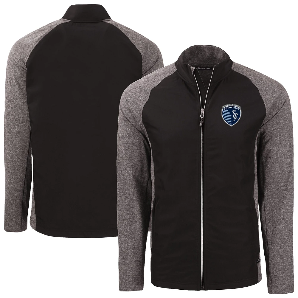 Men's Cutter & Buck Heather Black Sporting Kansas City Adapt Eco Knit Hybrid Recycled Full-Zip Jacket