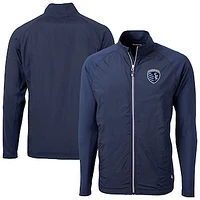 Men's Cutter & Buck  Navy Sporting Kansas City Adapt Eco Knit Hybrid Recycled Full-Zip Jacket