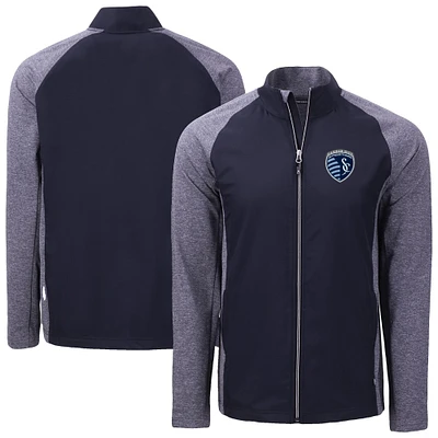 Men's Cutter & Buck  Heather Navy Sporting Kansas City Adapt Eco Knit Hybrid Recycled Full-Zip Jacket