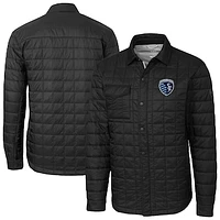 Men's Cutter & Buck  Black Sporting Kansas City Big Tall Rainier PrimaLoft Eco Insulated Full-Snap Quilted Shirt Jacket