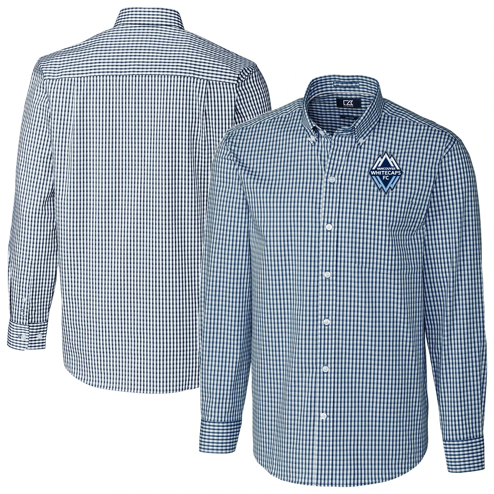 Men's Cutter & Buck Navy Vancouver Whitecaps FC Big Tall Easy Care Stretch Gingham Long Sleeve Dress Top