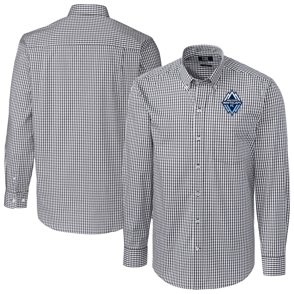 Men's Cutter & Buck Charcoal Vancouver Whitecaps FC Big Tall Easy Care Stretch Gingham Long Sleeve Dress Top
