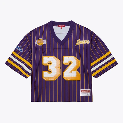 Women's Mitchell & Ness x DANNIJO Magic Johnson Purple Los Angeles Lakers Cropped Football Fashion Jersey