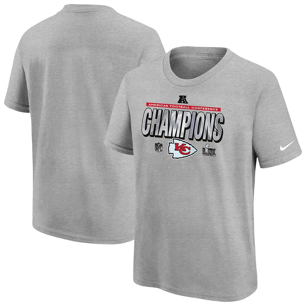 Youth Nike Heather Gray Kansas City Chiefs 2024 AFC Champions Locker Room Trophy Collection T-Shirt