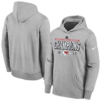 Youth Nike Heather Gray Kansas City Chiefs 2024 AFC Champions Locker Room Trophy Collection Fleece Pullover Hoodie