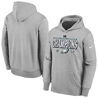 Youth Nike Heather Gray Philadelphia Eagles 2024 NFC Champions Locker Room Trophy Collection Fleece Pullover Hoodie