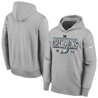 Youth Nike Heather Gray Philadelphia Eagles 2024 NFC Champions Locker Room Trophy Collection Fleece Pullover Hoodie