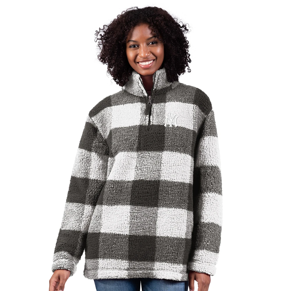 Women's G-III 4Her by Carl Banks Gray New York Yankees 24/7 Plaid Quarter-Zip Sherpa Jacket