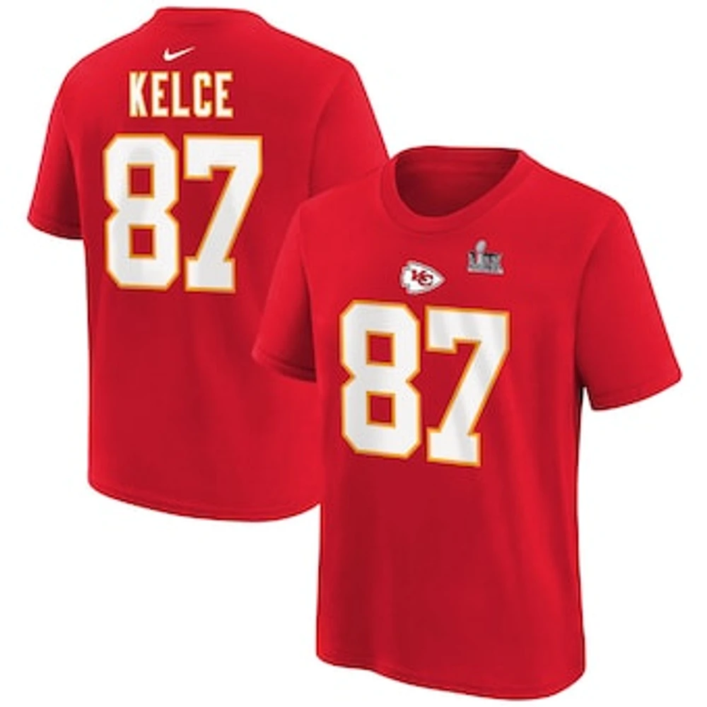 Youth Nike Travis Kelce Red Kansas City Chiefs Super Bowl LIX Player Name & Number T-Shirt