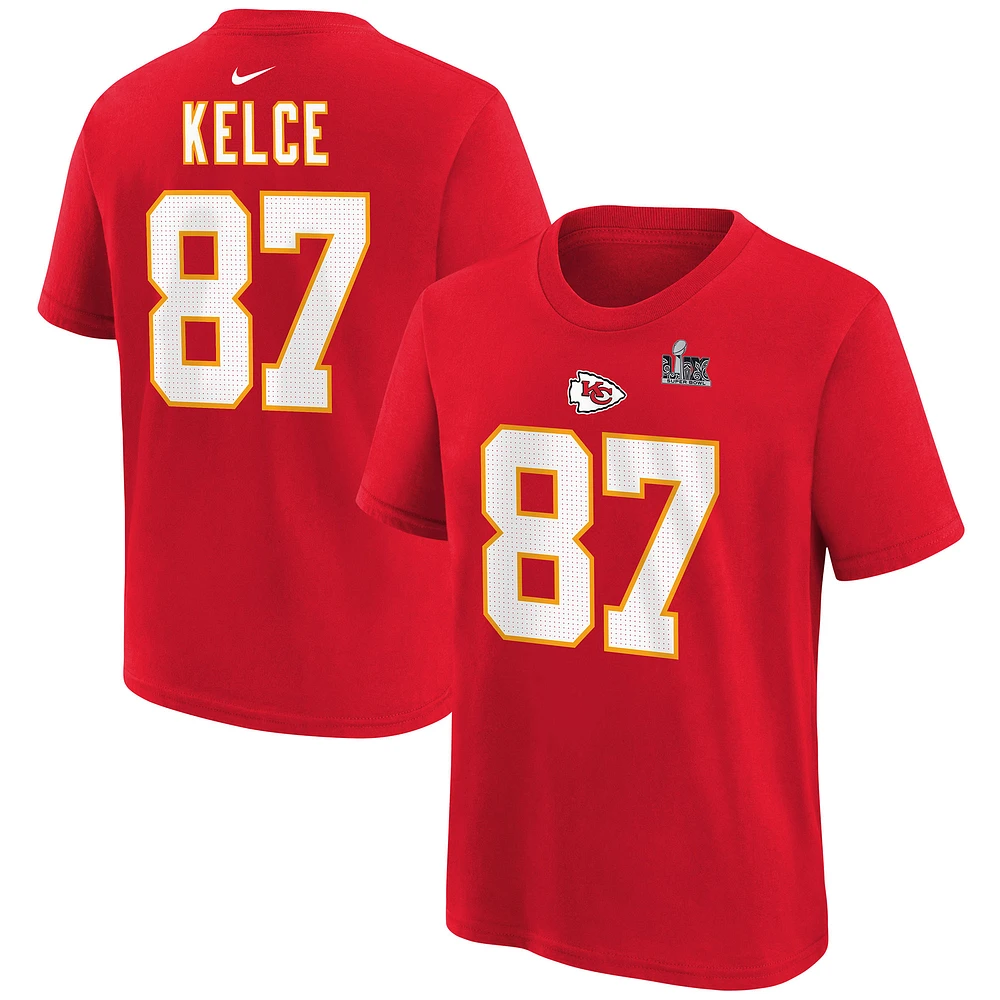 Youth Nike Travis Kelce Red Kansas City Chiefs Super Bowl LIX Player Name & Number T-Shirt