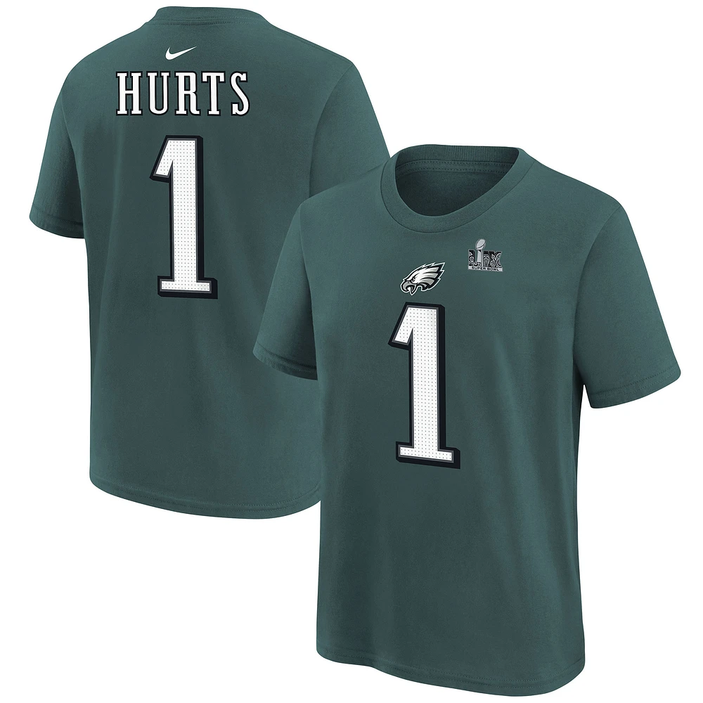 Youth Nike Jalen Hurts Midnight Green Philadelphia Eagles Super Bowl LIX Player Name & Number T-Shirt