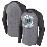 Men's Fanatics Heather Gray Philadelphia Eagles Super Bowl LIX Champions Historic Win Raglan Tri-Blend Long Sleeve T-Shirt