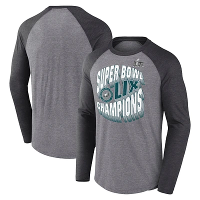 Men's Fanatics Heather Gray Philadelphia Eagles Super Bowl LIX Champions Historic Win Raglan Tri-Blend Long Sleeve T-Shirt