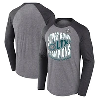 Men's Fanatics Heather Gray Philadelphia Eagles Super Bowl LIX Champions Historic Win Raglan Tri-Blend Long Sleeve T-Shirt