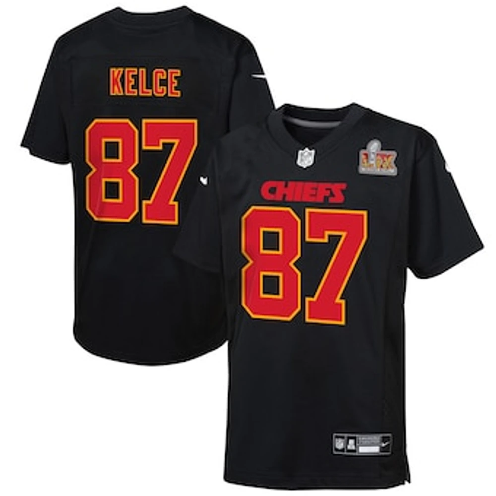 Youth  Nike Travis Kelce Carbon Black Kansas City Chiefs Super Bowl LIX Patch Fashion Game Jersey