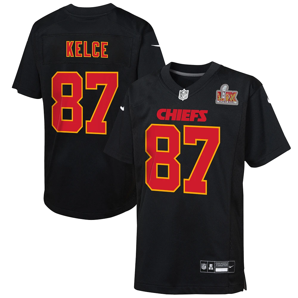 Youth  Nike Travis Kelce Carbon Black Kansas City Chiefs Super Bowl LIX Patch Fashion Game Jersey