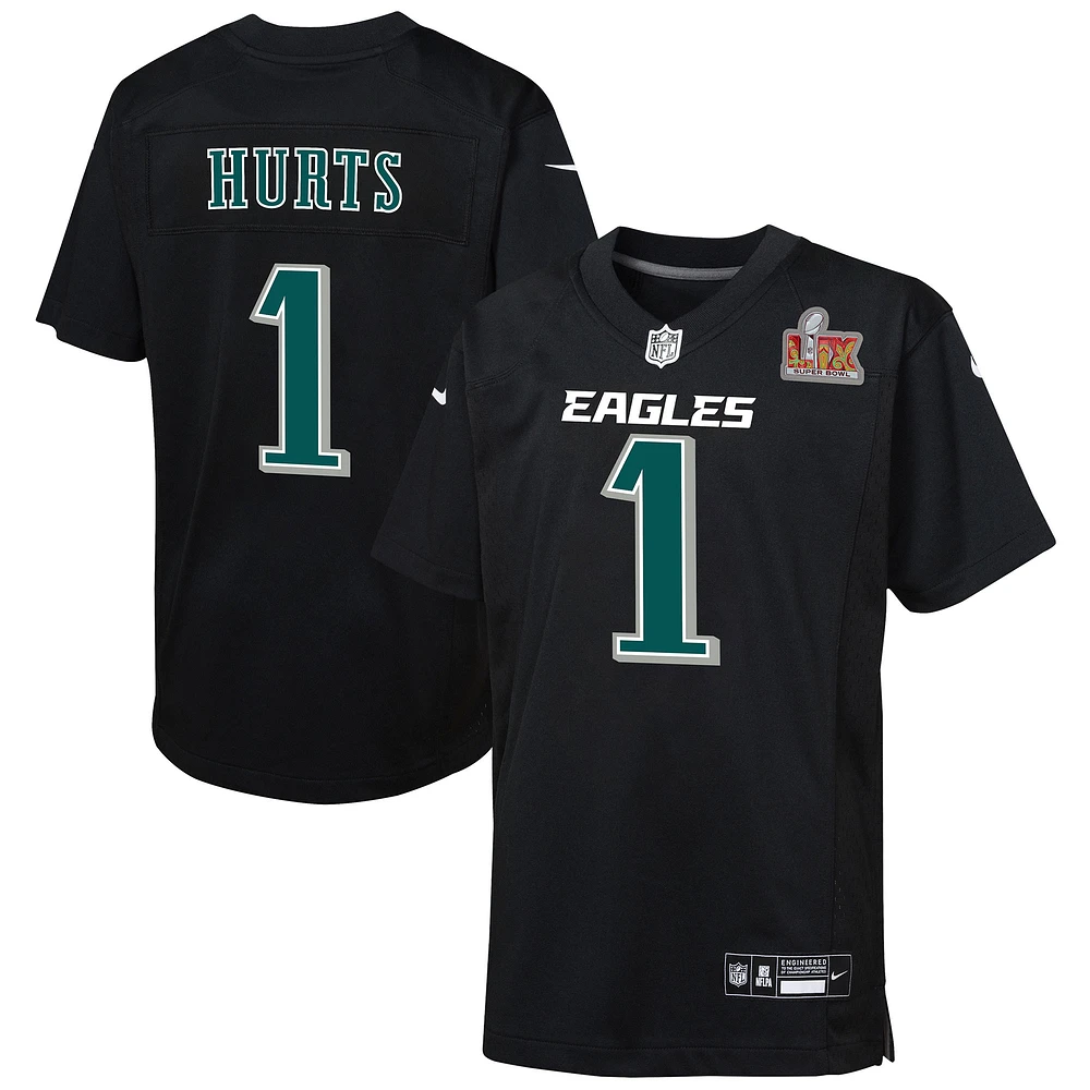 Youth  Nike Jalen Hurts Carbon Black Philadelphia Eagles Super Bowl LIX Patch Fashion Game Player Jersey