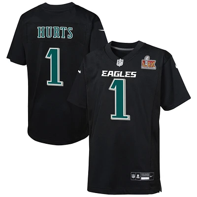 Youth  Nike Jalen Hurts Carbon Black Philadelphia Eagles Super Bowl LIX Patch Fashion Game Player Jersey