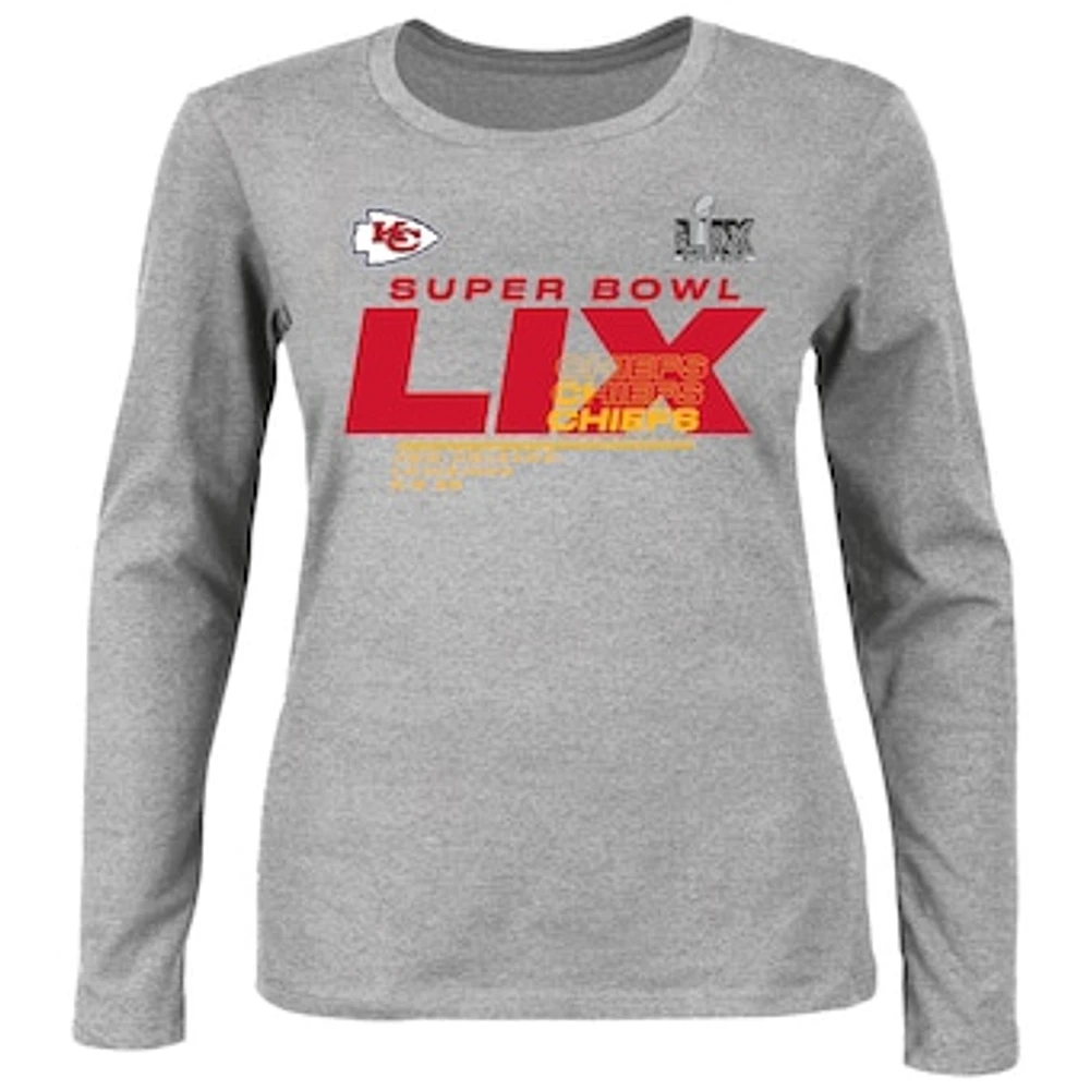 Women's Fanatics Heather Gray Kansas City Chiefs Super Bowl LIX Plus Quick Pass Long Sleeve Scoop Neck T-Shirt