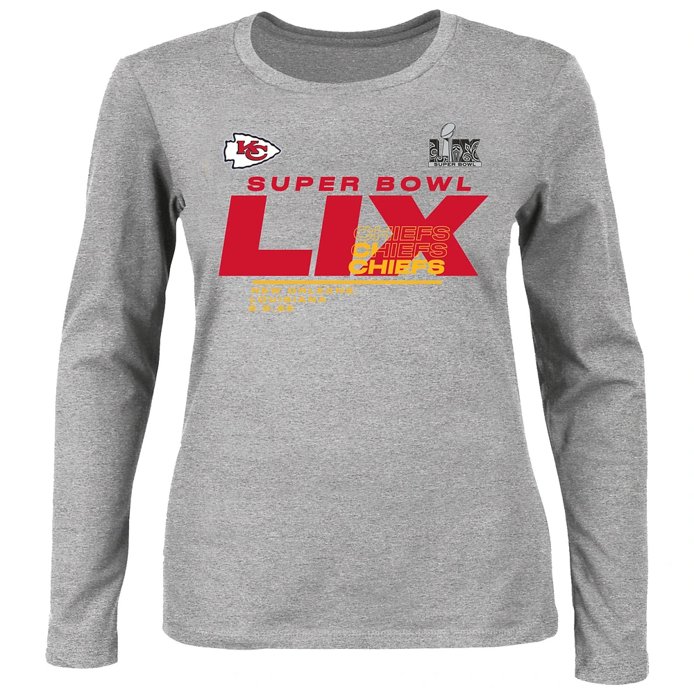 Women's Fanatics Heather Gray Kansas City Chiefs Super Bowl LIX Plus Quick Pass Long Sleeve Scoop Neck T-Shirt