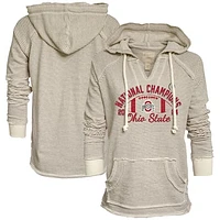 Women's Blue 84 Natural Ohio State Buckeyes College Football Playoff 2024 National Champions Striped French Terry V-Neck Pullover Hoodie